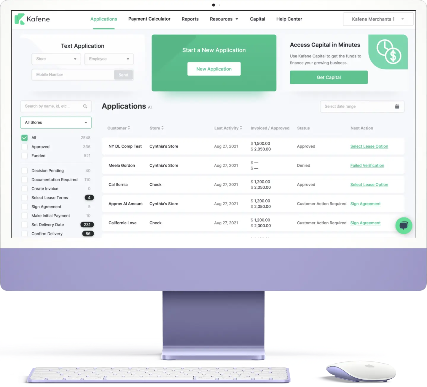 A screenshot of the kafene merchant dashboard on an imac screen